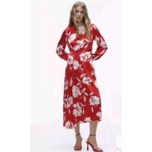 Zara Red Satin Floral Long Sleeve Dress